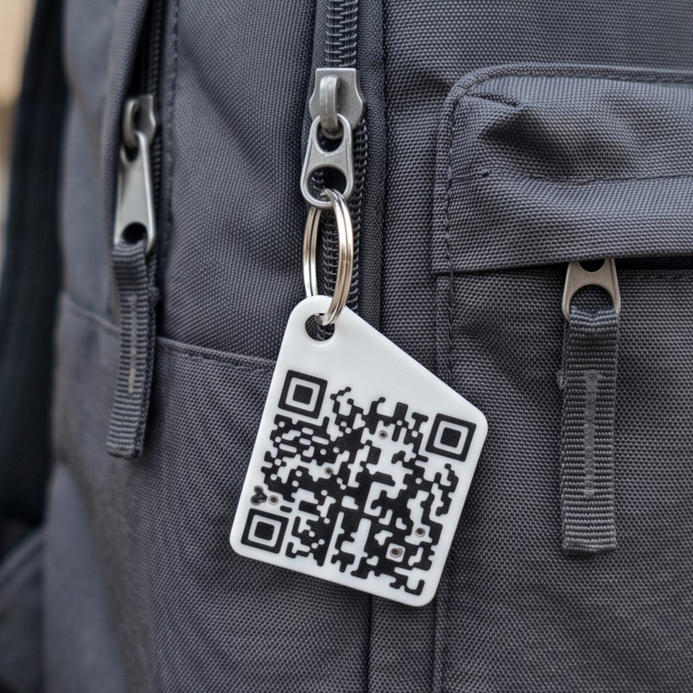 Balts 3D printēts QR piekariņš pie melnas skolas somas rāvējslēdzēja